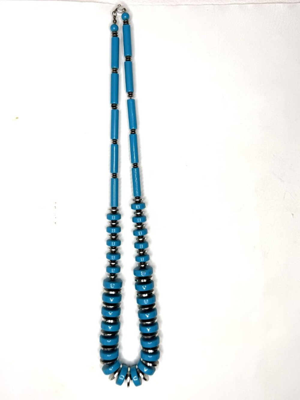 Vintage Southwest Style Necklace 30” Turquoise-Blue Acrylic & Silver-Tone Beaded - Picture 2 of 9